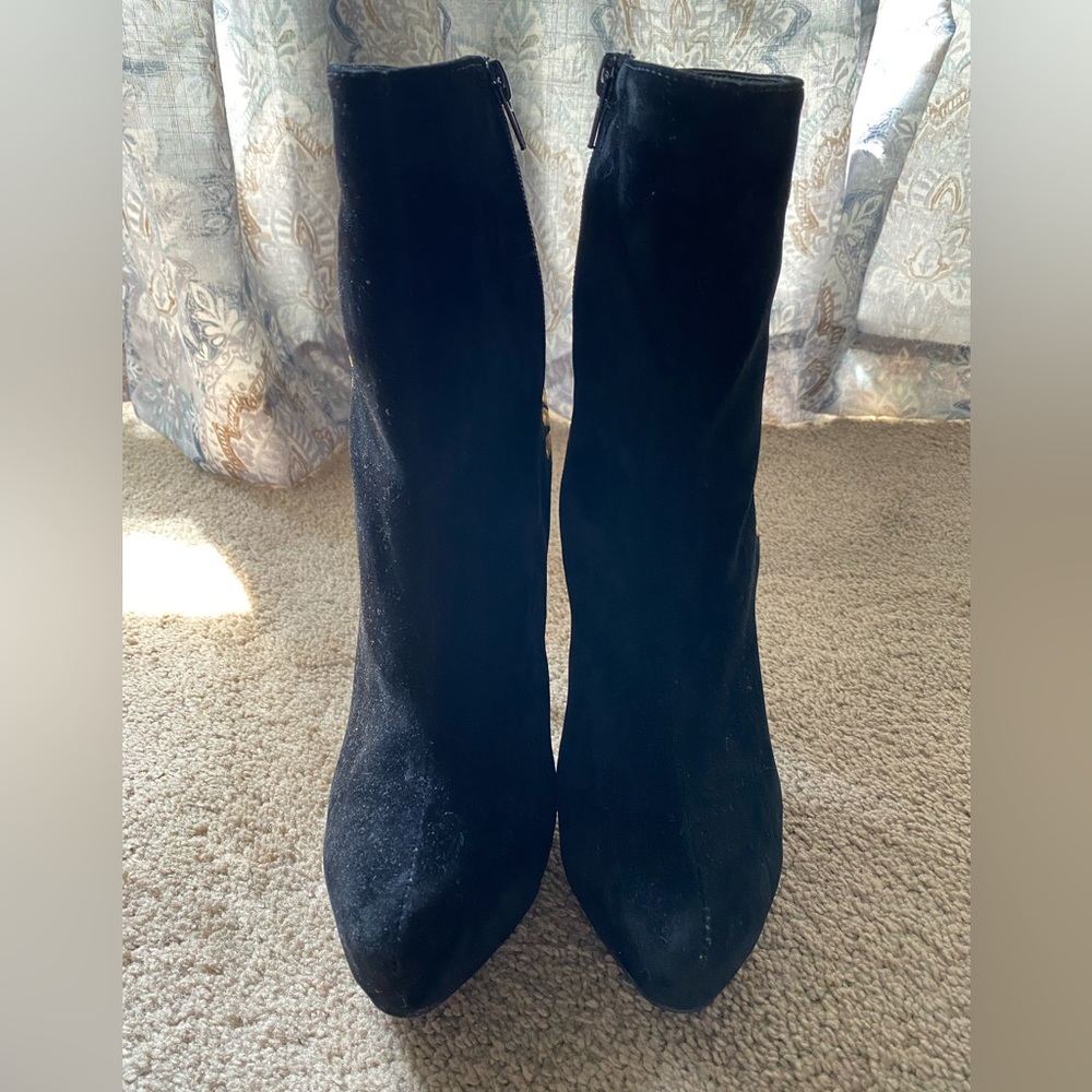 Heeled Black Faux-Suede with Gold Embroidery Booties - Picture 4 of 5